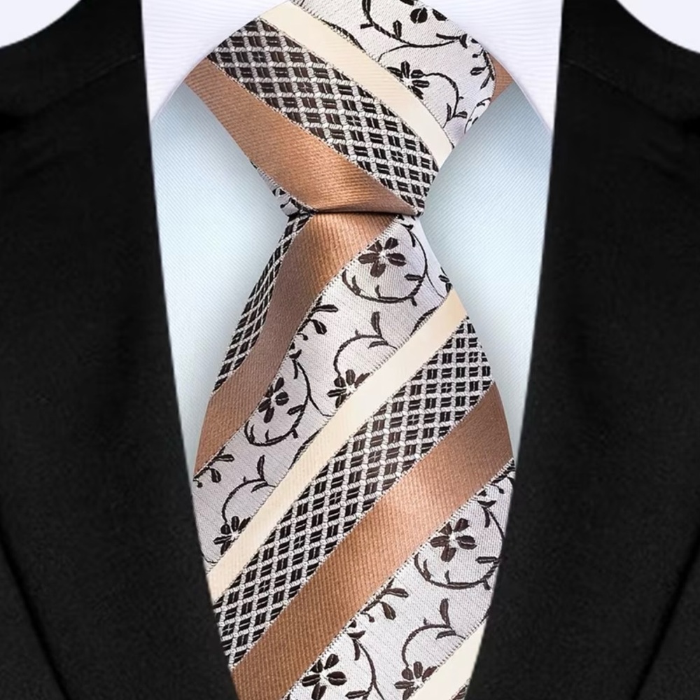 Men's Brown and Cream Striped Floral Tie